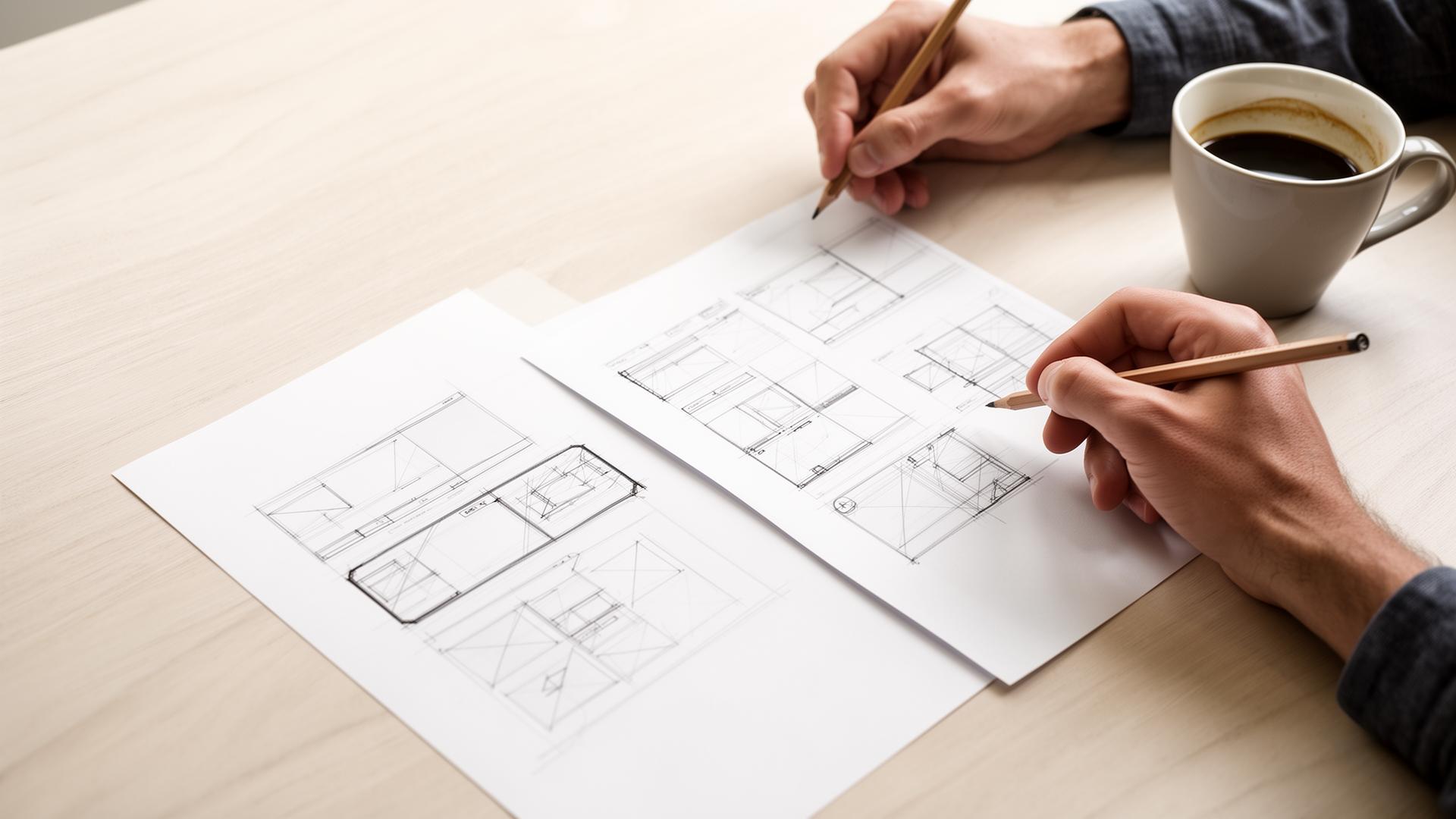 Zwei Designer skizzieren gemeinsam Website-Wireframes auf Papier